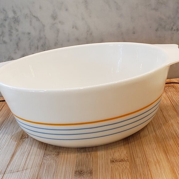 Pyrex England Blue and Orange Stripe Baking Dish, Striped Bowl - Picture 1 of 7